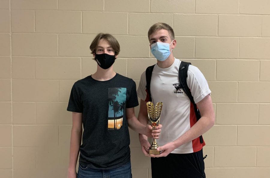 Brice Sandahl and Grant Christensen with their first place trophy from winning the Junior Stock Challenge.
