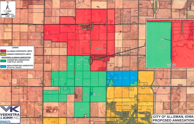 The image above is a visual of the proposed, and present property lines of Ankeny and Alleman.  Alleman has been trying to annex its ground so Ankeny is unable to. 
