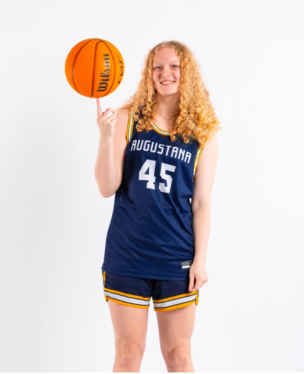 Photo of Dillinger wearing her Augustana basketball uniform.